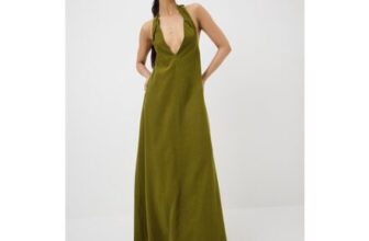 Green Halter Neck Linen Blend Maxi Dress Olive
