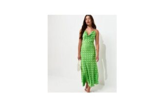 Green Polka Dot Satin Strappy Midi Dress