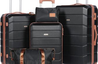 H.yeed Luggage Sets of 5 Piece, Lightweight Trolley Travel Suitcase Set ABS Hard Shell with 4 Spinner Wheels TSA Lock for Man Women, 21 24 28 Duffels Bag & Toiletry Bag (Black, 5 Piece Set)