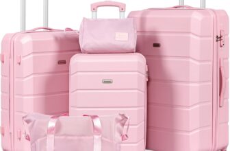 H.yeed Luggage Sets of 5 Piece, Lightweight Trolley Travel Suitcase Set ABS Hard Shell with 4 Spinner Wheels TSA Lock for Man Women, 21 24 28 Duffels Bag & Toiletry Bag (Pink, 5 Piece Set)