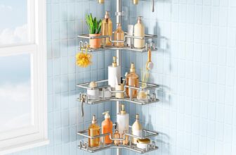 HAMITOR Telescopic Shower Caddy Corner: 4-Tier No-Drill Rustproof Bathroom Accessories Storage Shelf with Soap Holder & Hooks,Adjustable Tension Pole Shower Organiser for Renters,119-307cm Silver Gray