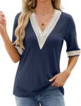 HANERDUN Womens Short Sleeve T-Shirts Sexy Summer Tops Blouses Lace Trim V Neck Blouses for Women Fashion Tops Dressy Casual Shirts