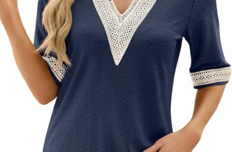 HANERDUN Womens Short Sleeve T-Shirts Sexy Summer Tops Blouses Lace Trim V Neck Blouses for Women Fashion Tops Dressy Casual Shirts