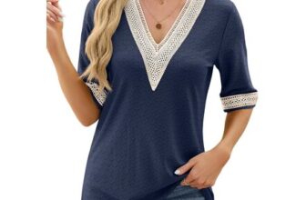 HANERDUN Womens Short Sleeve V-Neck Lace Trim Tops Navy