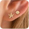 HANLI Gold Earrings for Women Trendy S925 Sterling Silver Starfish Stud Earring Dainty Lightweight Minimalist Simple Seashell Summer Beach Themed Hypoallergenic Jewelry