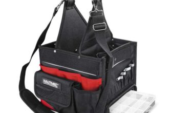 HAUTMEC Heavy-Duty Electrician Tool Bag with Parts Tray, 37-Pocket Open Top Tool Tote with Reinforced Hard Base, Water-Resistant