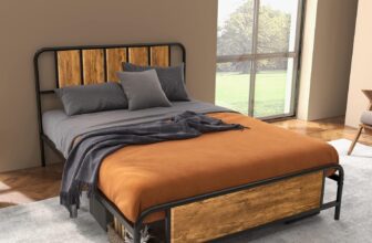 HOMCOM 4.8ft Double Bed Frame with Industrial Wood Headboard, Steel Slat Support and 25.5cm Underbed Storage Space, 145 x 197cm, Rustic Brown
