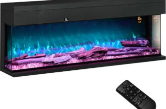 HOMCOM 50/127cm 3-Sided Electric Fireplace Wall Mounted, Recessed, Insert, Freestanding, Glass Electric Fire with 7 Adjustable LED Flame Effect, Log, Crystal, Remote Control, 1800W, Black