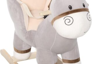 HOMCOM Kids Rocking Horse, Children Plush Ride On Donkey Animal Rocker w/Sound, Wood Base Seat, Safety Belt, Baby Toy Rocker for Toddler 18-36 Months, Grey