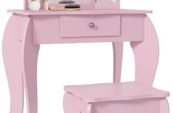 HOMCOM Kids Vanity Table and Chair Set, Girls Vanity Set with Tri-Folding Mirror and Stool, Makeup Dressing Table with Drawer, Pink