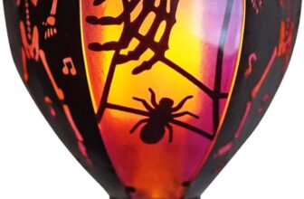 HONGLAND Halloween Solar Power Rainbow Stain Cool Fiesta Realistic Flame Outdoor Hanging LED Hot Air Balloon Lantern with Skull Pattern Out Design Waterproof Decor for Garden, Patio, Party