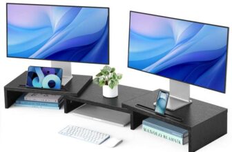 HUANUO Dual Monitor Stand Riser, Adjustable Length & Angle, Wooden Monitor Riser for 2 Monitors