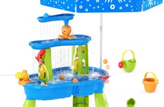 HYES Water Table for Toddlers 3-5, 3-Tier Kids Splash Sand Table Water Toys with Umbrella, Rain Showers Splash Pond for Outdoor Beach Backyard Summer, Activity Sensory Playset for Boys Girls, Blue
