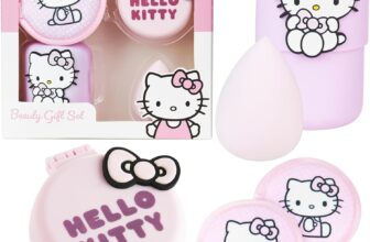 Hello Kitty Sanrio Beauty Accessories Set with Beauty Sponge & Holder, Reusable Makeup Remover Pads Folding Travel Hairbrush, Kawaii Gifts for Women