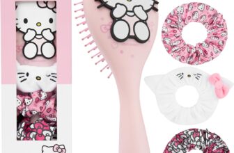 Hello Kitty Sanrio Hair Brush & Scrunchies Set for Girls Teens, Cinnamoroll Kuromi Kawaii Travel Paddle Brush Detangler, Anime Gifts for Her (Hello Kitty Brush & Scrunchies)