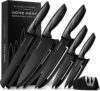 Home Hero Kitchen Knife Set, 5-Piece Black Stainless Steel Knife Set with Protective Sheaths & 2-Stage Sharpener, Chef, Bread, Carving, Utility & Paring Knives