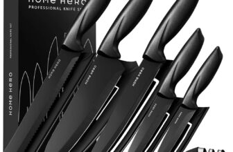 Home Hero Kitchen Knife Set, 5-Piece Black Stainless Steel Knife Set with Protective Sheaths & 2-Stage Sharpener, Chef, Bread, Carving, Utility & Paring Knives