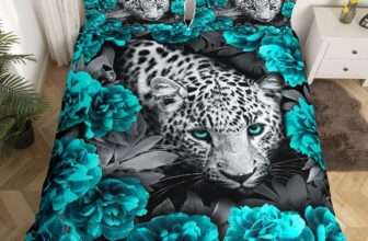Homewish 3D Leopard Duvet Cover Teal Rose Cheetah Print Bedding Set King Size African Safari Animals Comforter Cover For Child Teens Youth Man Novelty Big Cat Wildlife Wild Animal Room Decor