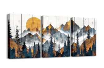 Homewish Mountain Framed Canvas Wall Art Set, Country Woodcut Style