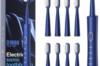 IPX7 Waterproof Sonicare Electric Toothbrush, 2-Hour Fast Charge with Intelligent Time Reminder, 5 Modes, 8 Brush Heads, Travel, Indoor, Outdoor, Blue