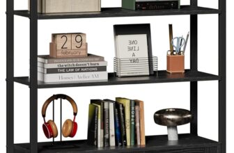 IRONCK Bookshelf with Doors, Storage Shelf, Large Bookcase with Casters, 5 Tier Industrial Shelves, Adjustable Free Standing Display Shelf for Living Room, Office, Dinning Room, 70x30x144cm (Black)
