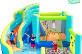 Inflatable Bouncy Castle Water Park with Slide Sprayer Trampoline Climbing Wall & Basketball Hoop, Includes Air Blower, Outdoor Indoor Bounce House for Kids Toddlers, Holds Up to 5 Children