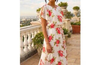 Ivory Chiffon Floral Split Sleeve Midi Dress