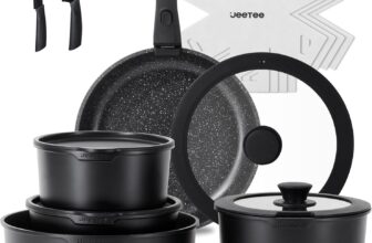 JEETEE Pots and Pans Set Non Stick 17pcs, Kitchen Cookware Sets with Detachable Handle, Induction Nonstick Cookware Set with Removable Handle, Stackable RV Cookware, Oven Safe, PFOA Free, Black
