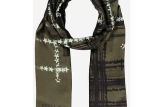 JIMMY CHOO Olive Pure Silk Tartan & Star Scarf