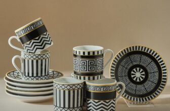 KARACA Helenistik 12-Piece Turkish Coffee Cup Set for 6 People, 80ml, Small Espresso Cups with Saucers, Porcelain Turkish Coffee Set, Black & White Design