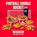 KFC Double Football Bucket 6 pieces Original Recipe Chicken, 6 Tenders, 4 regular Signature Fries, and 2 large sides, large bottle of drink