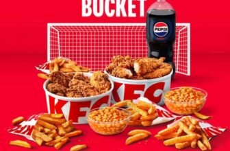 KFC Double Football Bucket 6 pieces Original Recipe Chicken, 6 Tenders, 4 regular Signature Fries, and 2 large sides, large bottle of drink