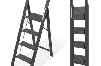 KINGRACK Black Non-Slip Aluminum Folding 4-Step Ladder with Handrail