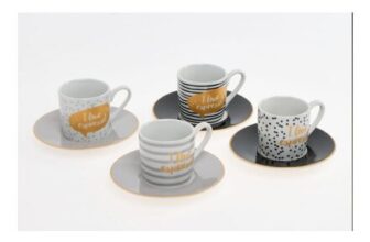KNITZ Four Pack White Patterned Espresso Cups & Saucers 85ml
