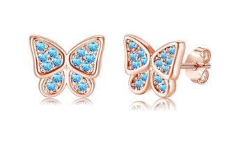 Kamise 925 Sterling Butterfly Stud Earrings, Aquamarine CZ, Rose Gold
