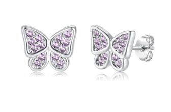 Kamise 925 Sterling Silver Butterfly Stud Earrings, Purple CZ, 8mm