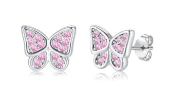 Kamise Sterling Silver Butterfly Stud Earrings, Pink Zirconia, 8mm, Hypoallergenic
