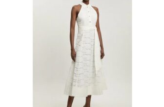 KarenMillen Cutwork Cotton Halterneck Tie Detail Woven Midi Dress