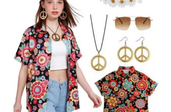 Kasahara Hippie Hawaiian Shirt Set for Women, 60s/70s, Black, S