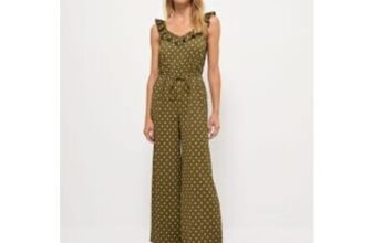 Khaki Polka Dot Frill Tie Waist Jumpsuit