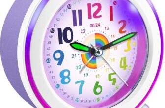 Kids Alarm Clock Bedside Girls Boys,Silent Non-Ticking Battery Powered Analogue Clocks with Night Light and Snooze,Colorful Design to Help Children Learning Time (Purple Rainbow)