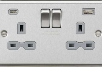 Knightsbridge 13A 2G SP Switched Socket, USB-C & USB-A (20W Max Neither/Shared) Brushed Chrome With Grey Insert