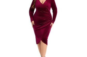 Kyzoeyou Plus-Size Velvet Wrap Dress, Ruched V-Neck, Long Sleeve