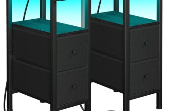 LOAKEKEL Slim Bedside Table Set of 2 with Charging Station, Narrow Side Table with LED Lights, Small Sofa Table with 2 Fabric Drawers, Nightstand for Small Spaces, Living Room, Black UHETNDP02LBK