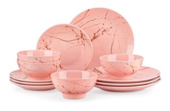LOVECASA 12-Piece Reactive Dinner Set for 4, Pink, Dishwasher Safe