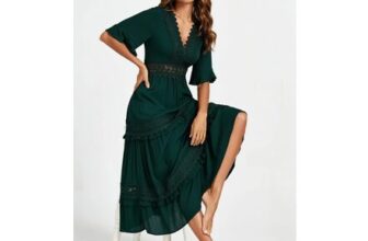 Lace Trim v Neck Tiered Midi Dress