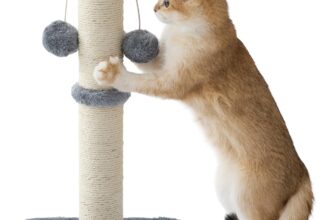Lesure Cat Scratching Post Indoor – 30x30x57cm Tall Sisal Scratch Post with Hanging Toy Ball, Small Scratching Posts for Indoor Cats Kittens with Stable Base, Grey