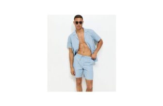 Light Blue Relaxed Waffle Drawstring Shorts