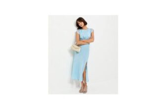 Light Blue Satin Lace Sleeve Split Midi Dress
