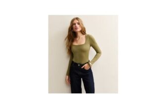 Light Khaki Slinky Square Neck Long Sleeve Bodysuit